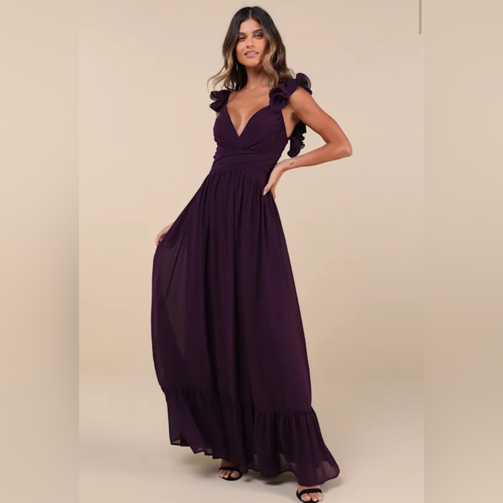 Soiree Celebration Purple Ruffled Lace-Up Maxi Dress
Lulus
